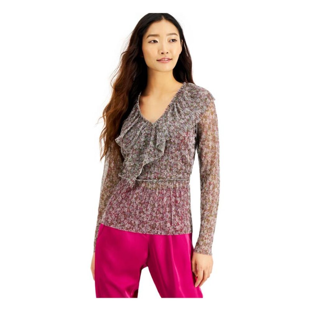 INC Womens Pink Floral Long Sleeve V Neck Blouse Size: XS